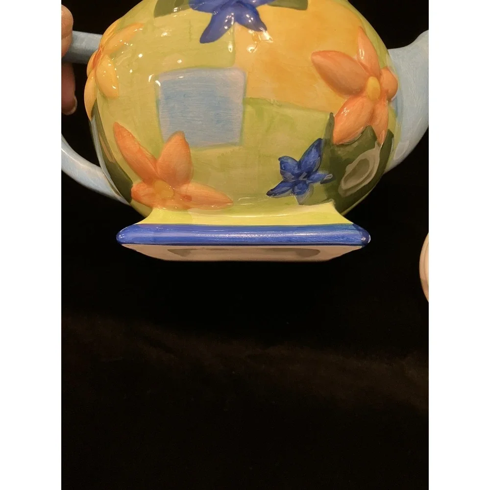 VTG Oneida China Hand Painted Country Style Blue Yellow Orange Floral Teapot